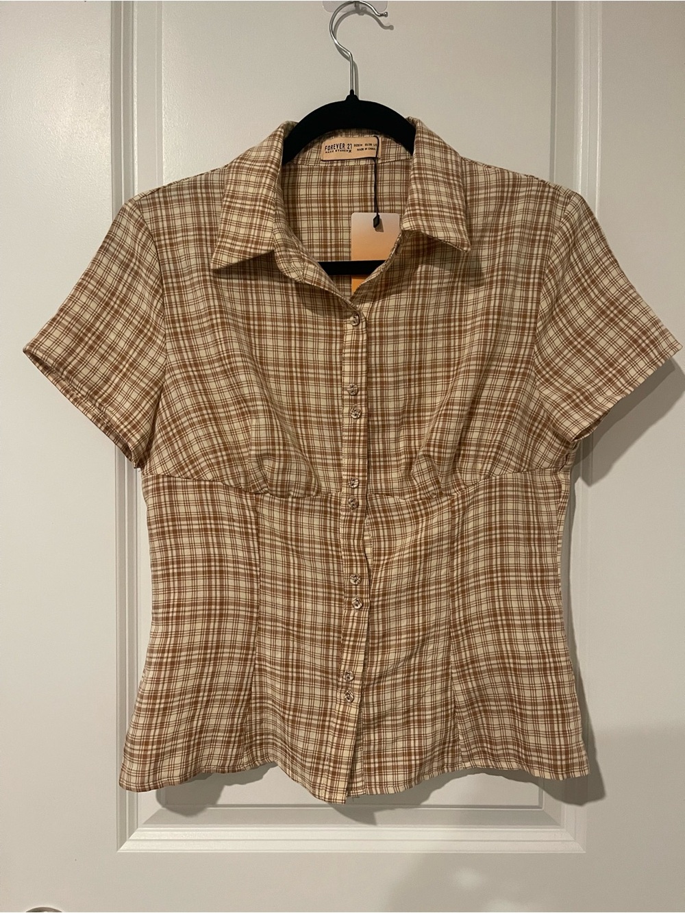 Forever 21 Beige and Brown Plaid Short-Sleeve Button-Down Top